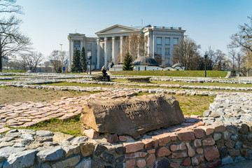 View if historical place with foundation of Desiatynna Church with The National Museum of the...