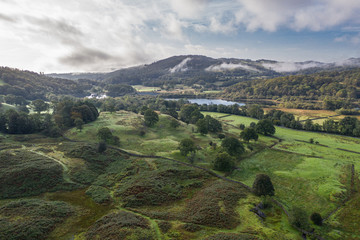 Aerial View over Great Langdale Valley at Sunrise in Lake District