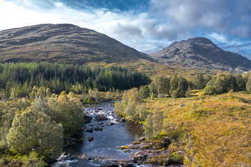Aerial View over Moriston  River at Early Autumn in Highlands of Scotland