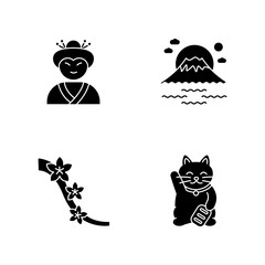 Japan black glyph icons set on white space. Geisha face. Mount Fuji. Sakura tree flowers. Maneki neko. Asian souvenir. Traditional japanese attributes. Silhouette symbols. Vector isolated illustration