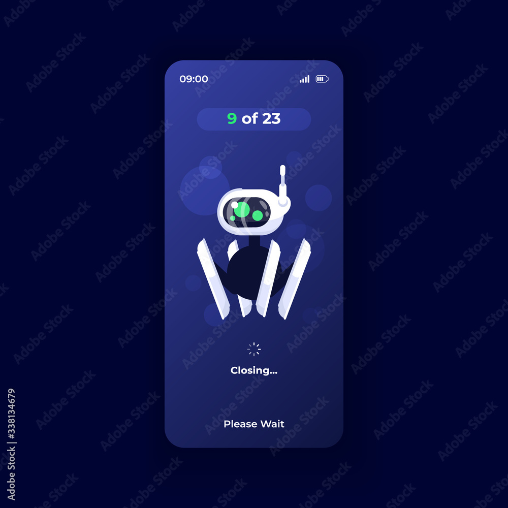 Poster productivity boosting application smartphone interface vector template. mobile app page dark theme d