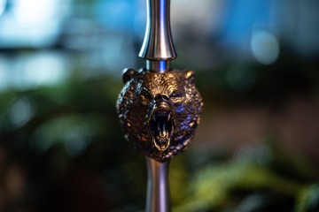 Shisha hookah with red hot coals. Sparks from breathe. Modern hookah with coconut charcoal for relax and shisha smoke. Hookah and sparks from coals. Another view. Shisha, spark,spark, hookah sparks.