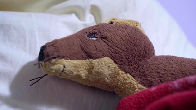 Miserable dog soft toy laying at the bed, throwing on pillows due to fever and caughing. Pet disease or virus concept, illness at home.