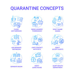 Quarantine blue concept icons set. Clean surfaces. Limit contact with pets. Do not accept guests. Self-isolation idea thin line RGB color illustrations. Vector isolated outline drawings