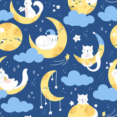 Seamless vector pattern, cute white cat sleeping on a moon, starry night sky