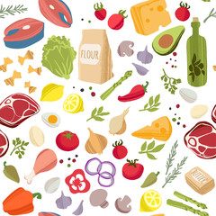 Food and utensils. Cooking flat hand drawn seamless pattern.