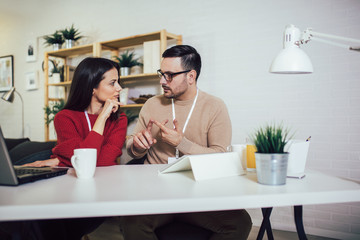 Happy couple doing business together working at home on the laptop.