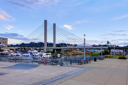 Tacoma Downtown Bridge, City With Large Dome Building. WA State. 