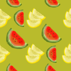 Summer bright pattern of slices of watermelon on a white background