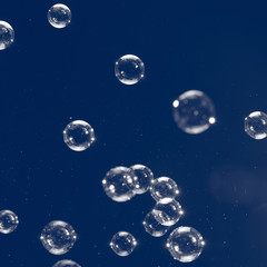 Flying soap bubbles isolated on blue background. Abstract background.