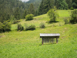 Weather-protected rack for storing haystacking tools, Pfunds-Greit, Upper Inn Valley, Tyrol, Austria