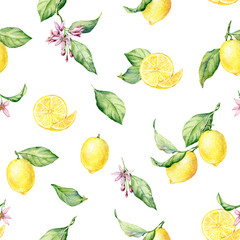Fresh Lemons watercolor seamless pattern on the white background.