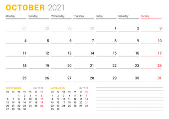 Calendar template for October 2021. Business monthly planner. Stationery design. Week starts on Monday. Vector illustration