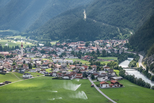 Aerial view of the village of Pfunds as seen from the Vogeltenne viewpoint in the Upper Inn Valley, Tyrol, Austria