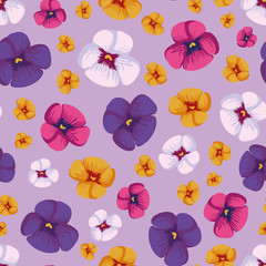 Colorful pansies vector springtime seamless vector pattern. Decorative surface print design. For fabrics, greeting cards, gift wrapping paper, scrapbooking, and packaging.