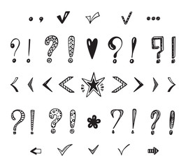 Punctuation marks Vector Set. Hand Drawn doodle Question mark, Exclamation mark, Parenthesis, Quotation marks, Checkmarks, Arrow
