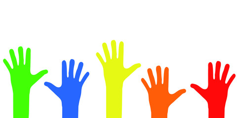 Colored rainbow children's hands up on a white background. Vector illustration isolated. World children's day. Summer holidays. Back to school.