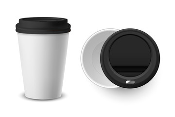 Vector 3d Realistic White Disposable Closed Paper, Plastic Coffee Cup for Drinks with Black Lid Set Closeup Isolated on White Background. Design Template, Mockup. Top and Front View