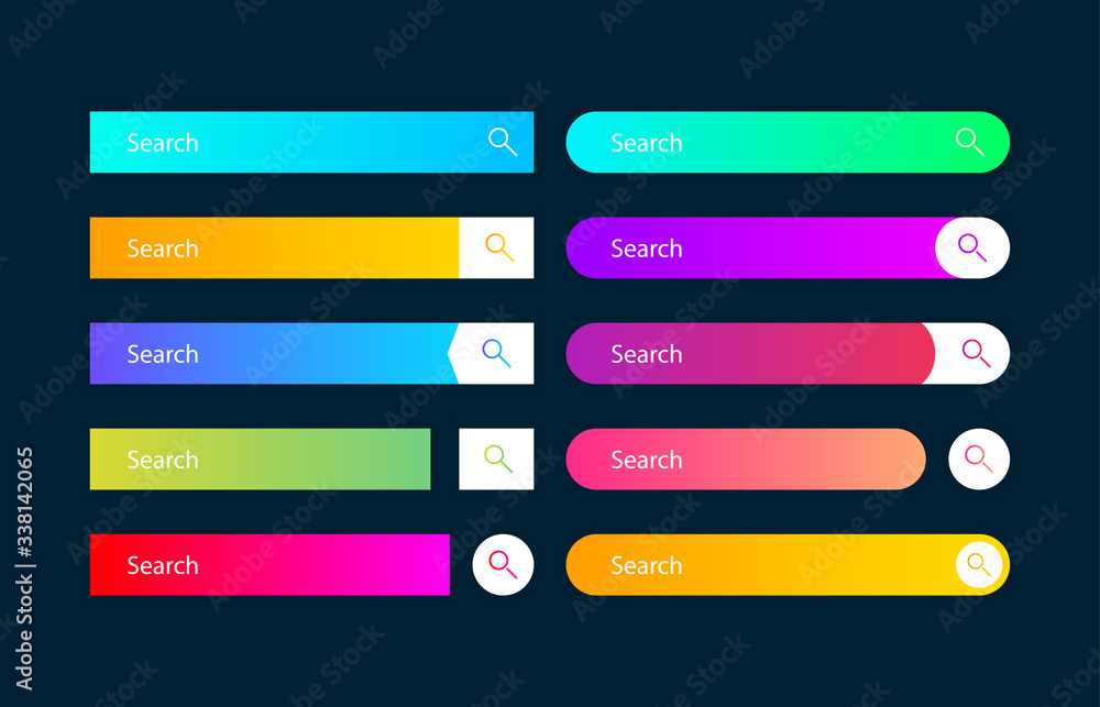 Aufkleber search bar vector element with diferent design, set of ten search boxes ui template on dark blue bac