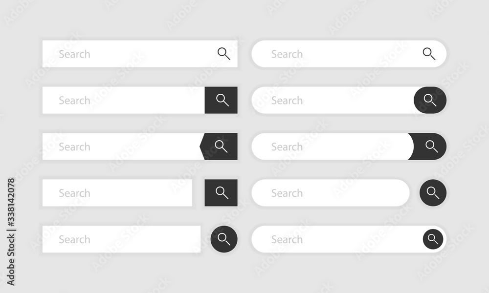 Poster search bar vector element with diferent design, set of ten search boxes ui template on gray backgrou
