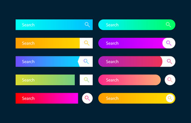 Fototapeta premium Search bar vector element with diferent design, set of ten search boxes ui template on dark blue background. Vector