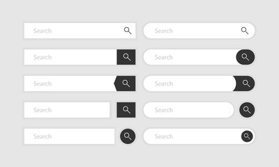Search bar vector element with diferent design, set of ten search boxes ui template on gray background. Vector