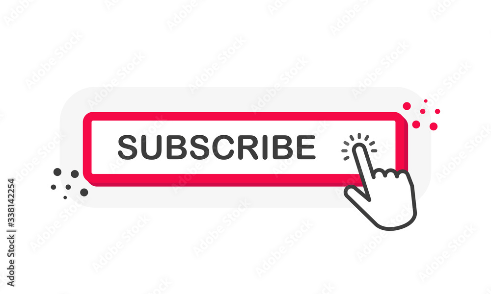 Poster subscribe red 3d button with hand pointer clicking. white background. vector