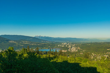 Naklejka premium ocean inlet set in lush forested valley with mountains on horizon 