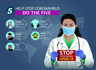 A doctor with a paper with stop spreading COVID-19 holding on hand,Coronavirus preventions infographic. preventions methods infographics.