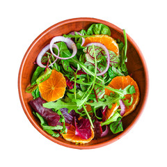 healthy salad tangerines citrus, lettuce, arugula and other herbs. Menu concept food background, keto or paleo diet. top view. copy space for text