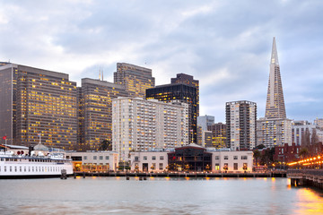 Skyline of  buildings at Financial District in San Francisco at night, California, United States
