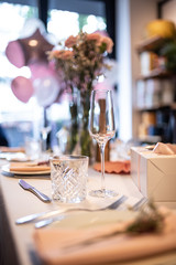 Beautiful table set for an event party or wedding reception . restaurant interior	