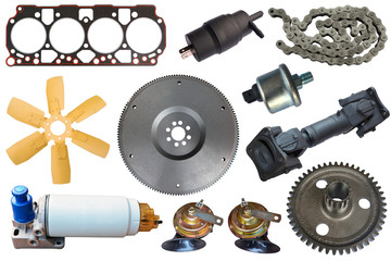 A lot of new truck parts isolated on a white background. Spare parts shop concept. 