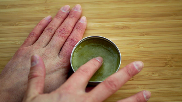 Lubricates cream cannabis hemp on hand medicinal cannabidiol CBD, body massage relaxed effect, relieves applying pain scrub, ointment liniment relax, antibacterial and soothing, THC marijuana