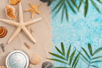 summer beach background with shell sea star compas blurred Palm vacation and travel concept, Flat lay top view copy space Minimal exotic concept. Creative layout of sand waves and sea © velishchuk