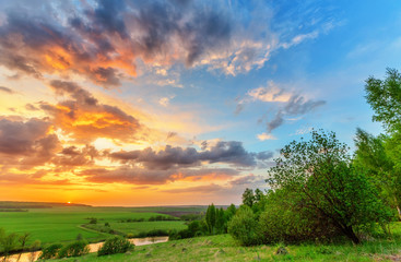 Sunset over plain. Russian landscape