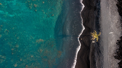 Aerial view of black sand beach and ocean