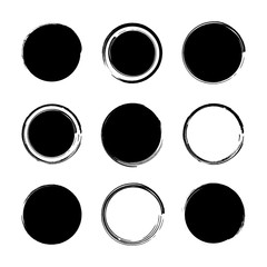 Circle textured hand drawn abstract black ink strokes set isolated on white background. Vector illustration