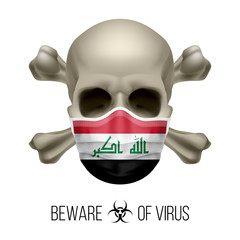 Human Skull with Crossbones and Surgical Mask in the Color of National Flag Iraq. Mask in Form of the Iraqi Flag and Skull as Concept of Dire Warning that the Viral Disease Can be Fatal