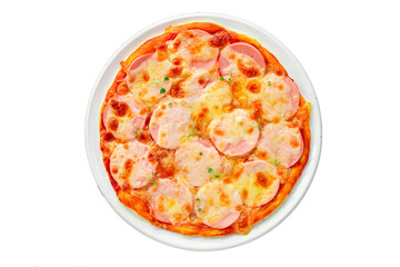 pizza sausage, tomato sauce, cheese Menu concept, food background, diet. top view. copy space for text