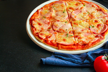 pizza sausage, tomato sauce, cheese Menu concept, food background, diet. top view. copy space for text