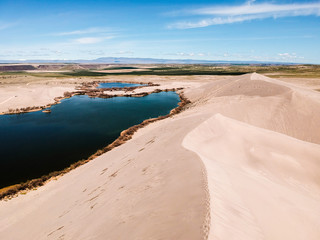View of sand dunes and oasis