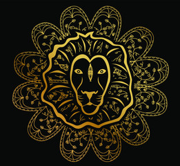  
Illustration - mandala with beautiful lion on the theme of yoga.