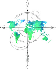 watercolor world map with compass concept