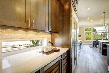 Luxury kitchen with a glass door wine cooler. Luxury American modern home.