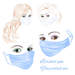 Women in protective medical face masks wearing protection from virus covid-19, urban air pollution, smog, vapor, pollutant gas emission set one vector illustration editable hand drawn