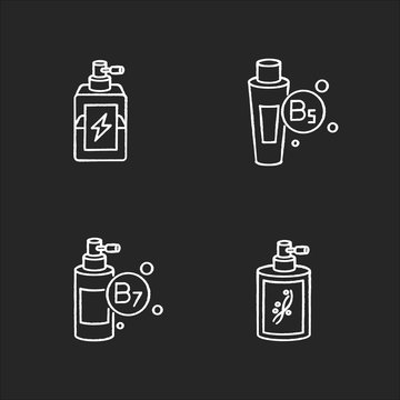 Hair oils chalk white icons set on black background. Exotic baobab fruit extract. Macadamia nuts for haircare. Kalahari melon cosmetic product. Isolated vector chalkboard illustrations
