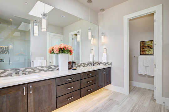 Contemporary bathroom interior. Luxury American modern home.