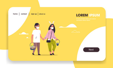 couple holding baskets with eggs man woman wearing mask to prevent coronavirus celebrating happy easter holiday horizontal full length copy space vector illustration
