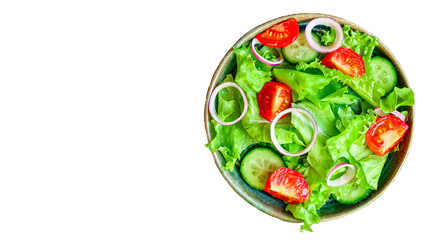  Healthy salad, leaves mix salad (mix micro greens, cucumber, tomato, onion, other ingredients). food background. copy space for text